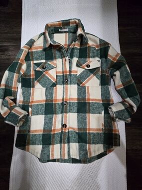 Women's Green, Orange & Cream Plaid Shacket
